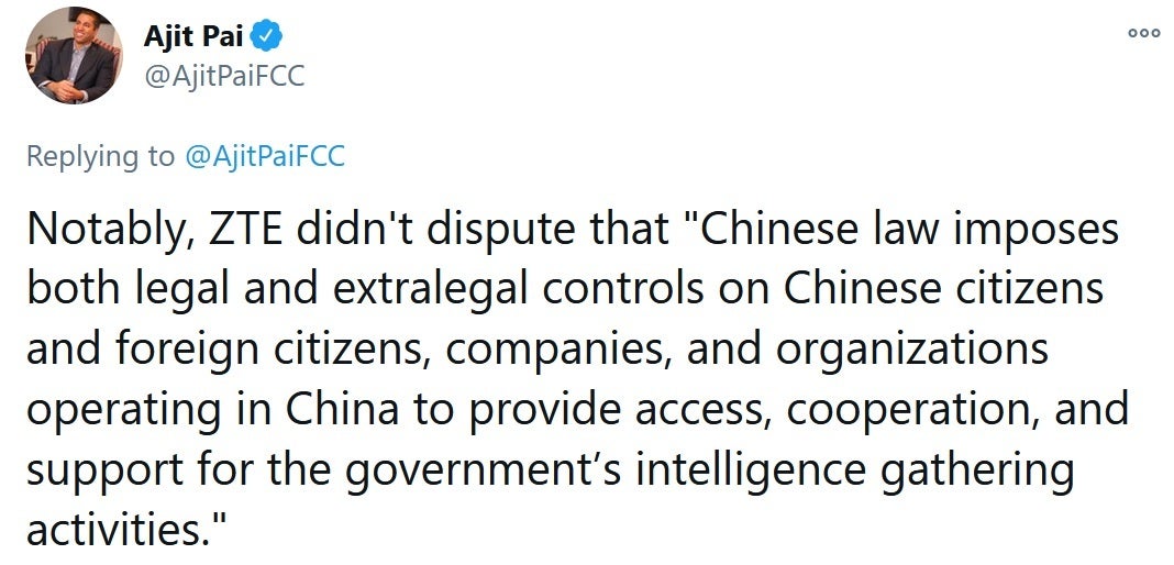 FCC chairman Pai tweets about ZTE's alleged responsibilities to the Communist Chinese government - ZTE is still a threat to the U.S. says the FCC