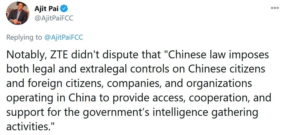 FCC chairman Pai tweets about ZTE&#039;s alleged responsibilities to the Communist Chinese government - ZTE is still a threat to the U.S. says the FCC