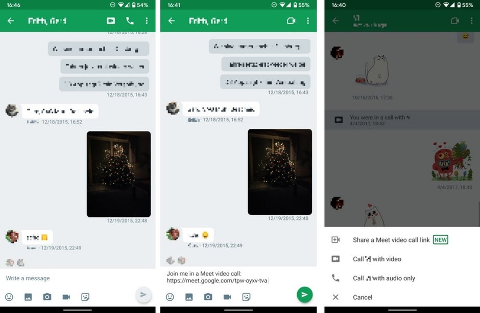 At left, old Hangouts; at center and right new Hangouts with Meet integration - No more group video chats on Hangouts; Android users should use this app instead