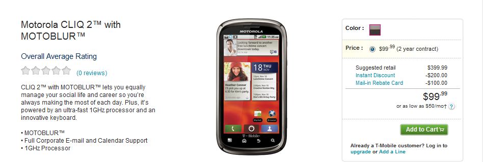 Available today from T-Mobile at the contract price of $99.99 is the Motorola CLIQ 2 - Motorola CLIQ 2 now available from T-Mobile for $99.99