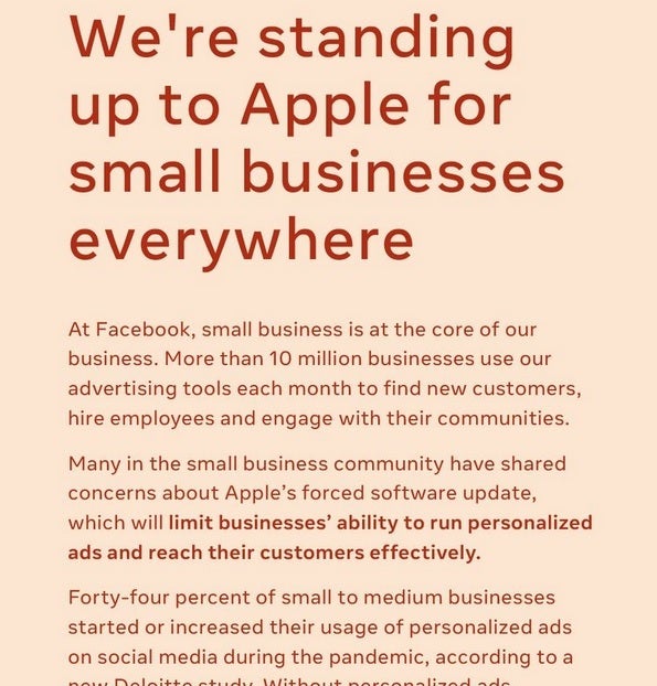 Facebook runs a full page ad in several big city newspapers attacking the 30% Apple Tax - Facebook pissed at Apple's new plan requiring users opt-in to receive targeted ads