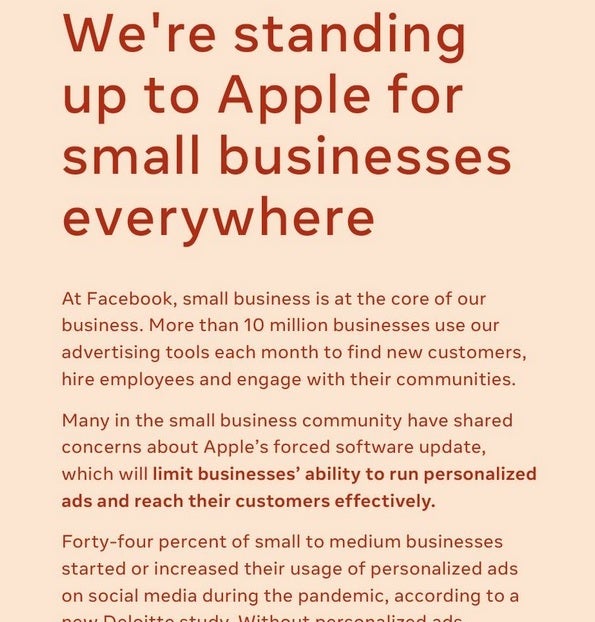 Facebook runs a full page ad in several big city newspapers attacking the 30% Apple Tax - Facebook pissed at Apple&#039;s new plan requiring users opt-in to receive targeted ads