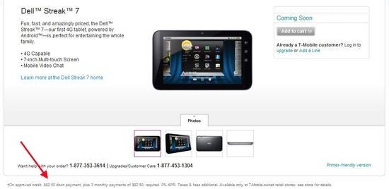 Footnote shows $82.50 down payment, plus 3 monthly payments of $82.50, required. - Keen eyes spot that T-Mobile’s Dell Streak 7 is expected to cost $330