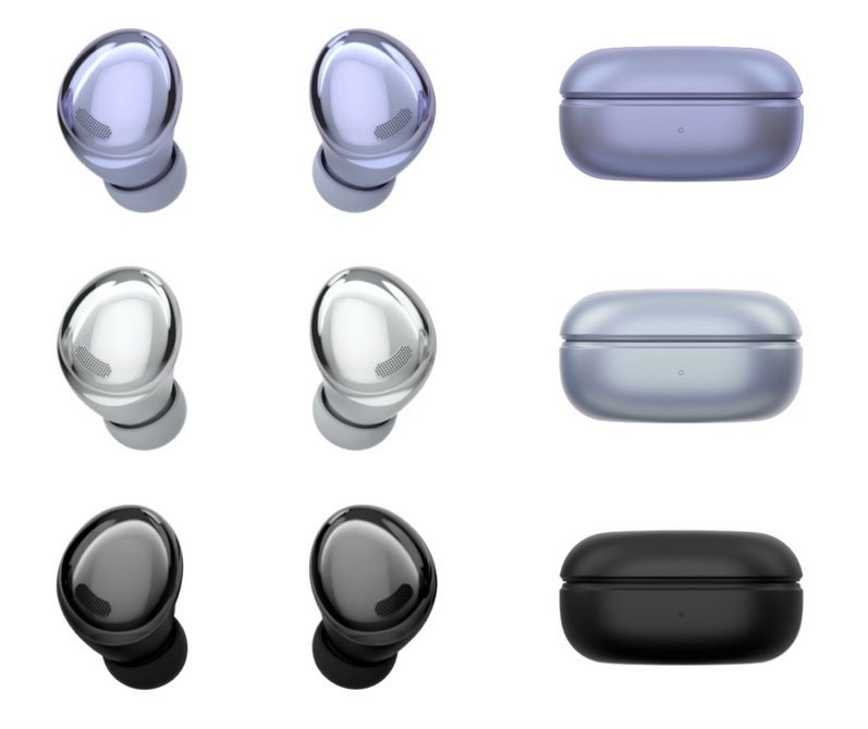 Renders of the Galaxy Buds Pro and the latter&#039;s charging case in the three colors that the wearable will be offered in - New features, specs, and images for the Samsung Galaxy Buds Pro leak