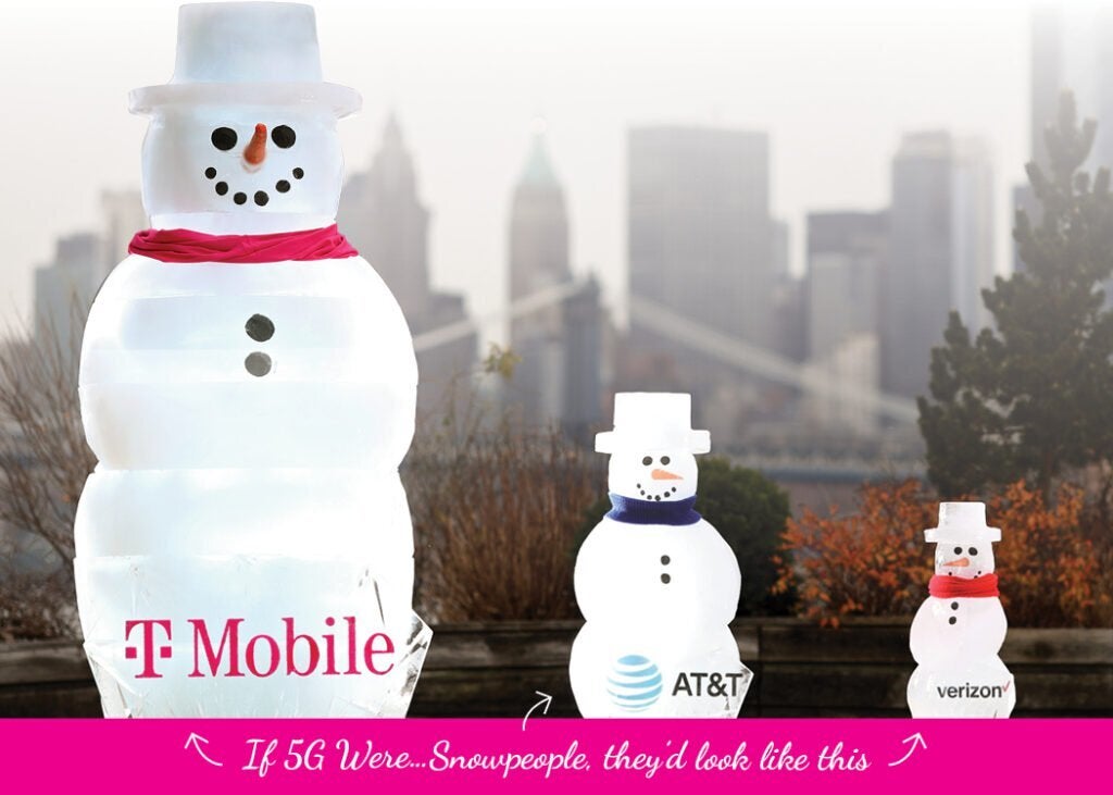 T-Mobile uses physical comparisons, in this case with Snowmen, to show how much bigger its 5G coverage is compared to AT&amp;T and Verizon - Join T-Mobile's new campaign and help demonstrate its advantage in 5G coverage over Verizon, AT&T