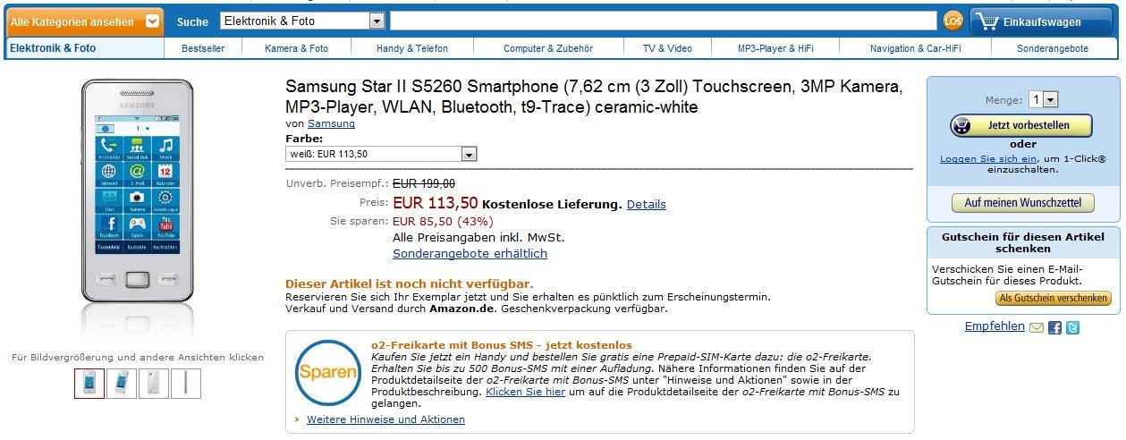 Amazon Germany prices the Samsung Star II at €113; Samsung says €199