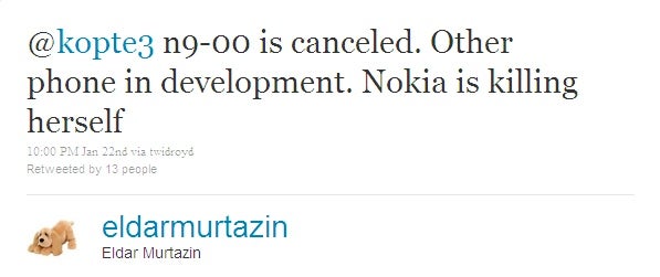 Eldar Murtazin refers to Nokia as &quot;herself&quot;, since the &quot;a&quot; in the end makes the gender feminine in Russian - Nokia might have scrapped the N9, something else running MeeGo leaks out