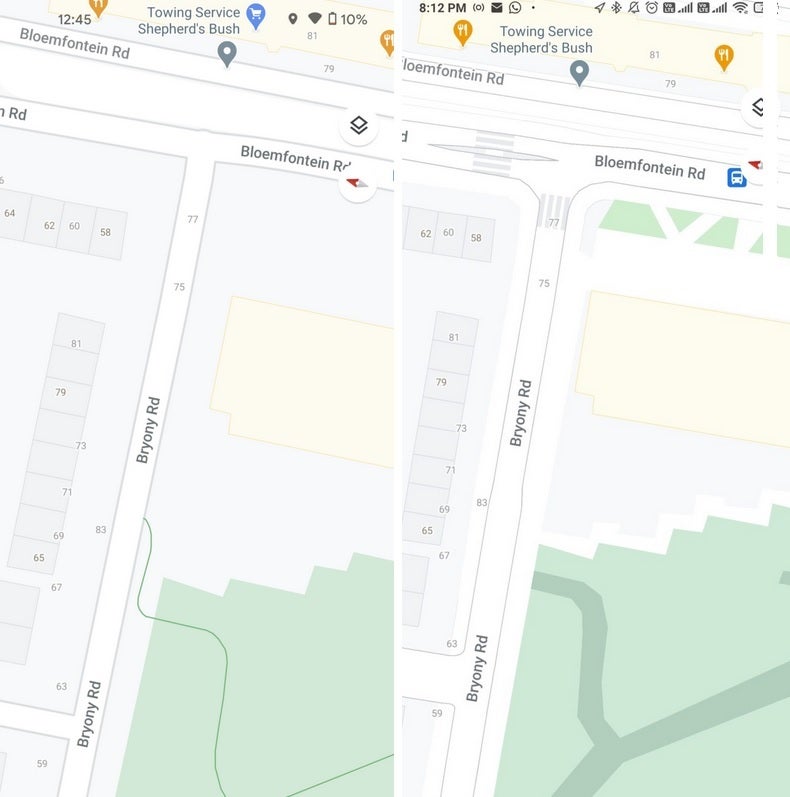 London on Google Maps; at left is the view before the update, at right is updated street level - Google Maps update makes it easier to walk through New York and three other major cities