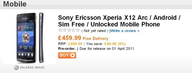 Pre-orders are available in the UK for the Sony Ericsson Xperia arc; April release