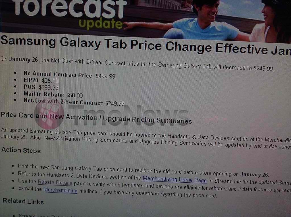 T-Mobile Samsung Galaxy Tab price drop to $249.99 is expected January 26th