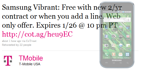 A little more than 24 hours is left for you to pick up the Samsung Vibrant from T-Mobile for no cost - T-Mobile giving away Samsung Vibrant for Free until Wednesday night