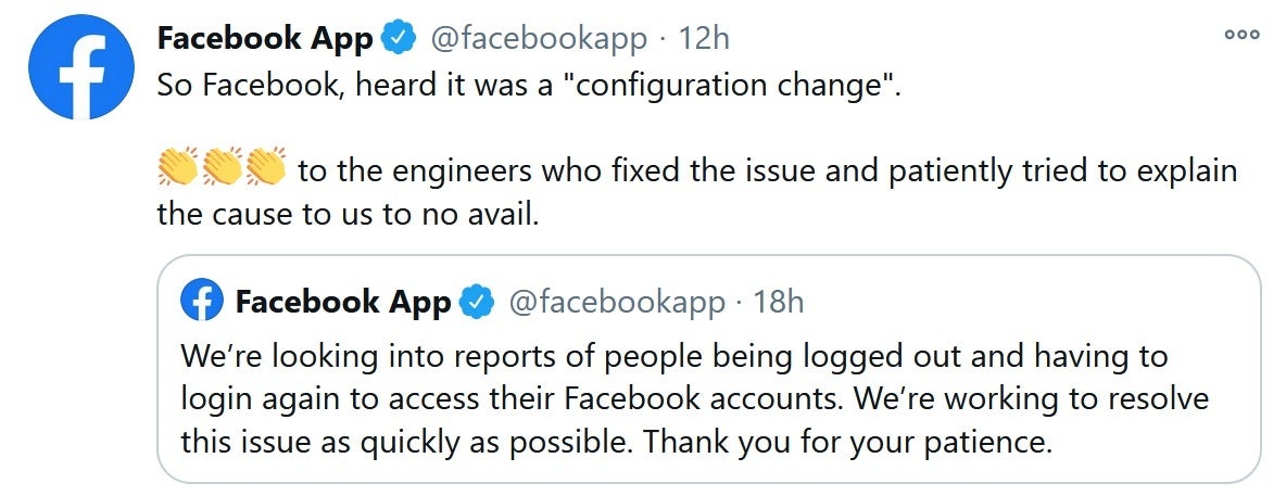 The Facebook App Twitter account responds to a bug that signed iPhone users out of the app - Facebook kicked Apple iPhone users out of their accounts on Friday