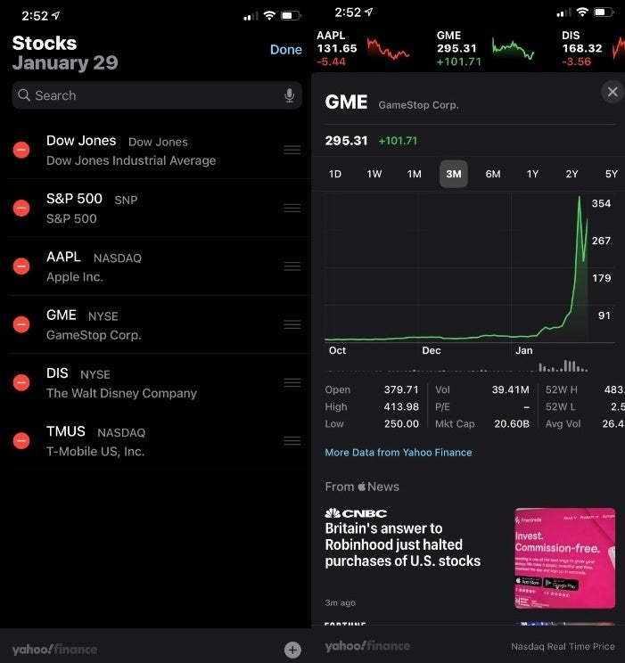 The iOS native stock app includes prices and charts - The role of mobile tech in the current "GameStop" investment craze