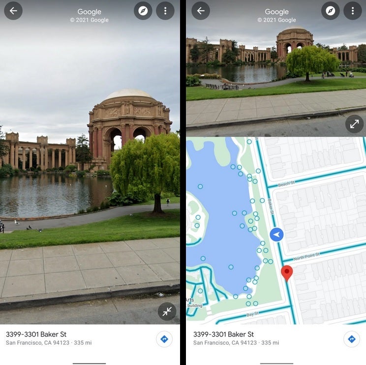 At left, the regular full-screen UI. At right, the new split-screen view - Google testing split-screen UI for Maps' Street View on Android