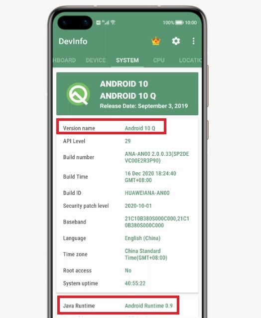 Screenshot from HarmonyOS emulator mentions Android 10 in the DevInfo app - Huawei might have misled everyone about HarmonyOS (Huawei responds)