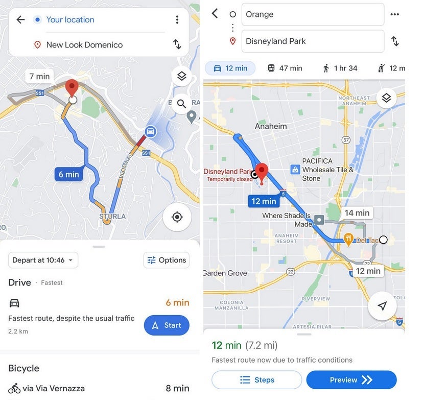 New Google Maps UI on left, current UI on the right - Cleaner UI is being tested for Google Maps