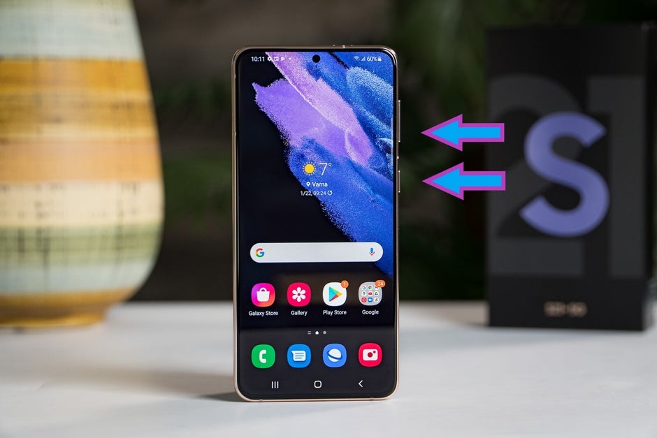 Press simultaneously the volume down and power button on the right-hand side of your Galaxy - How to take a screenshot on Samsung Galaxy S21
