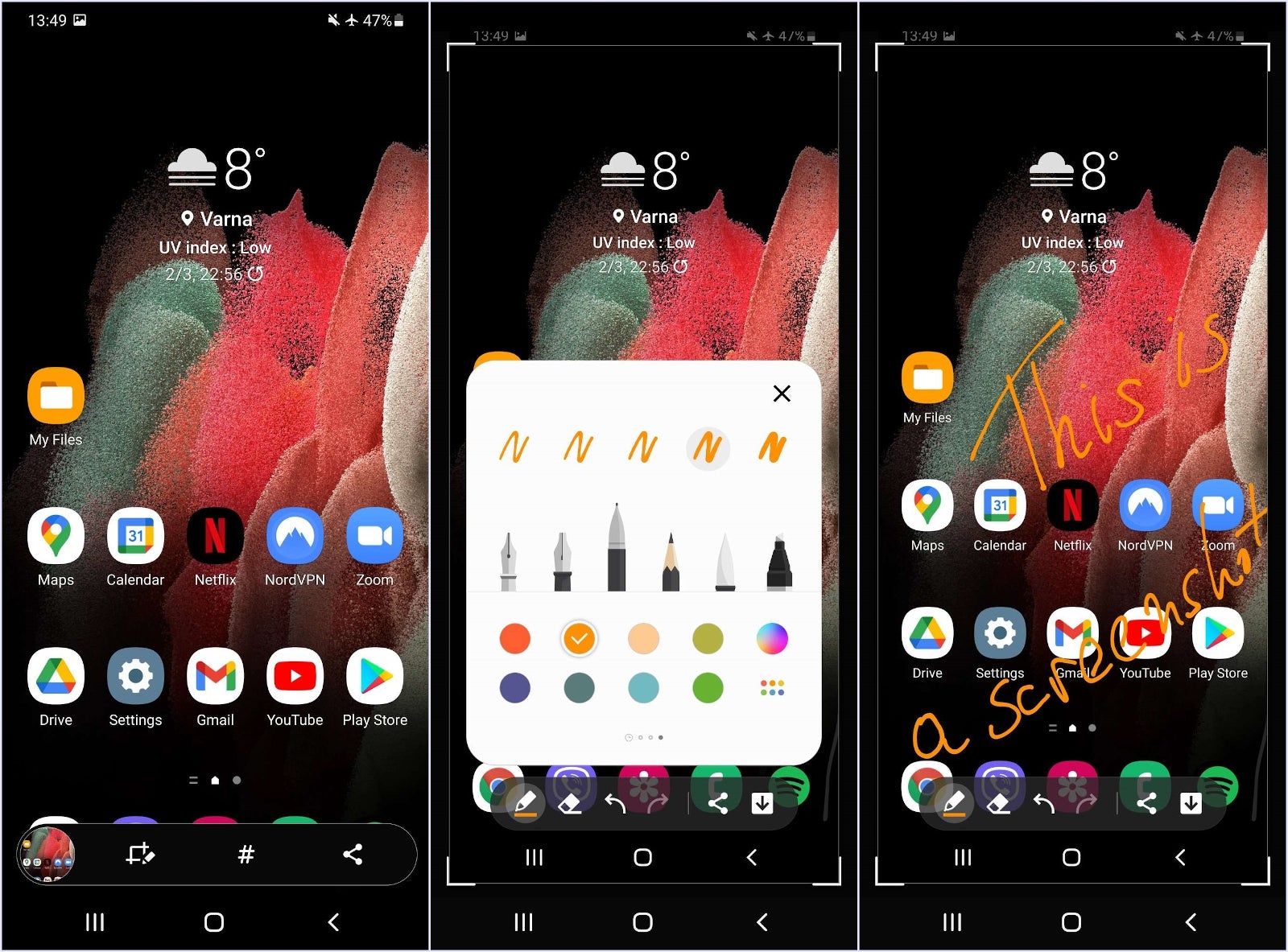 Edit options. You can pick a pen to draw with. You can annotate on the screenshot - How to take a screenshot on Samsung Galaxy S21