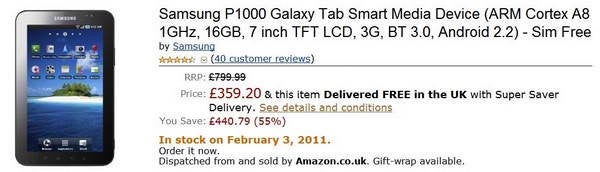 Amazon UK slashes the price of the unlocked Samsung Galaxy Tab to £359