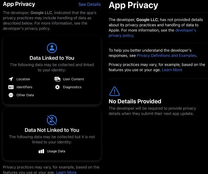 At left, the App Privacy label. At right, an app that Google has failed to update - Some iPhone and iPad users receive warning from Google not to log in to Gmail under this scenario