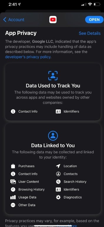 The App Privacy Label for the iOS version of YouTube - After two months, the iOS version of the YouTube app is finally updated