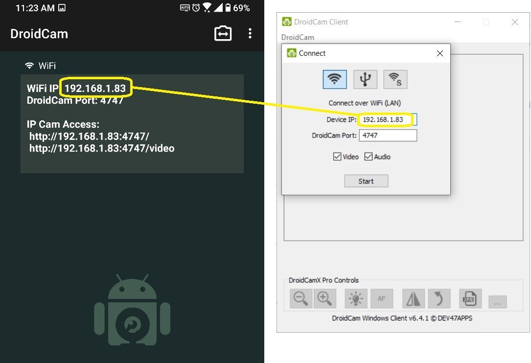 Write the numbers and periods you see on your phone (left, highlighted) into the PC client app (right) - How to use your phone as a webcam