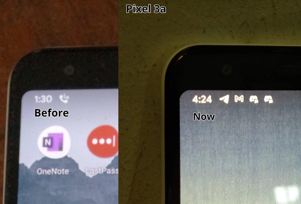 Image shows how the loss of software masking with the December Android update changed the look of the Pixel 3a screen - Software update to Pixel 3a included a bug that makes the phone look ugly