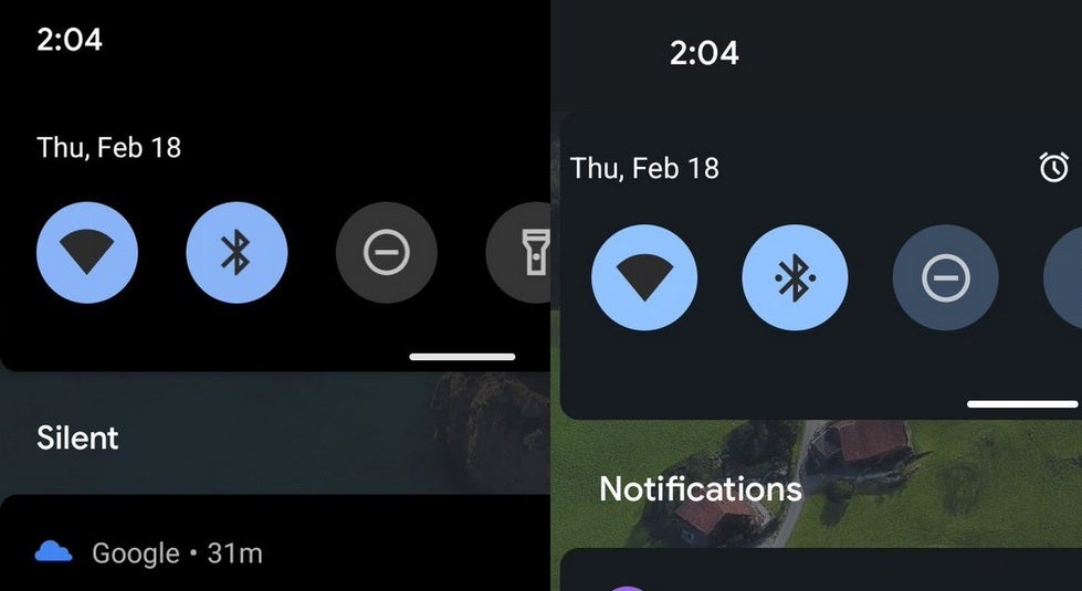 In Android 12, system-wide Dark mode will look more blue (at right) than black. Image credit AndroidPolice - Android 12 Developer Preview 1 arrives