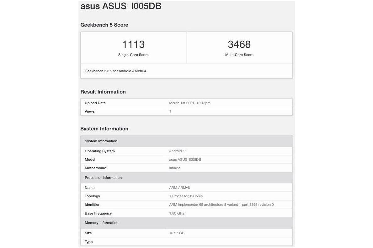 Asus ROG Phone 5 16GB alleged Geekbench listing - Geekbench listing reveals Asus ROG Phone 5&#039;s dizzying RAM count