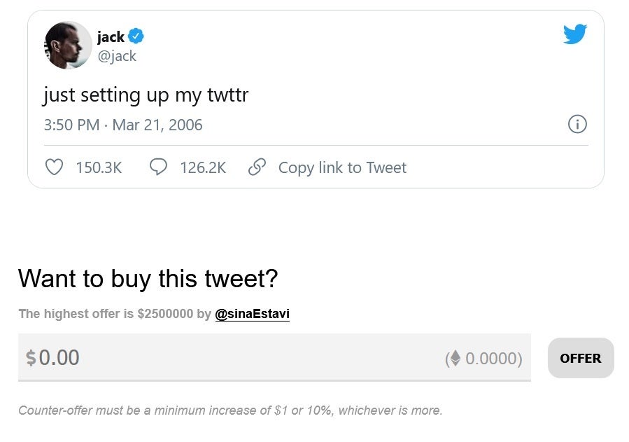The first tweet ever posted on Twitter, written by company co-founder and CEO Jack Dorsey, is up for auction and is fetching a $2.5 million bid - The very first tweet is being auctioned off; the current top bid is $2.5 million