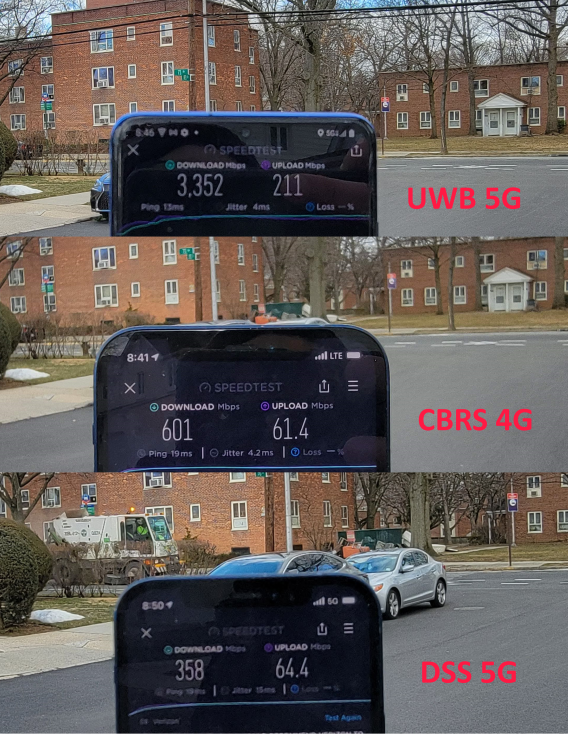 Verizon's current CBRS 4G vs 5G Ultrawide Band vs 5G DSS network technology speeds (image via PCMag.com) - Verizon's new 4G bands beat its 5G network speeds, and iPhones may be to blame