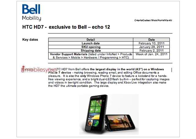 Bell will start selling the HTC HD7 beginning February 10th