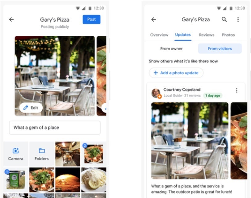 Una actualización de foto es una foto reciente de un lugar con texto y sin reseñas ni calificaciones. Google Maps tiene tres nuevas formas de obtener actualizaciones provenientes de los usuarios.