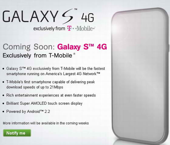 Sign up page for the Samsung Galaxy S 4G is now up on T-Mobile’s web site