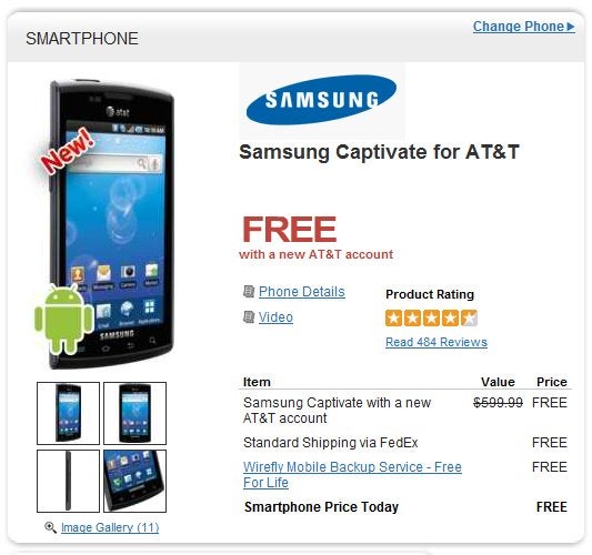 Wirefly sets the price of the Samsung Captivate to free - down from $49.99