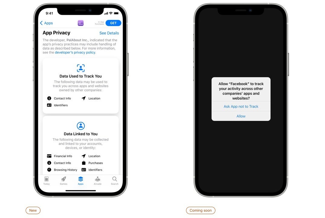 Apple's Privacy Labels at left, and App Tracking Transparency feature on the right - Find out what data Apple's own apps collect from you!