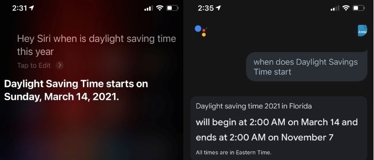 Siri's response about when Daylight Saving Time starts this year on the left and Google Assistant's response on the right - Better double check your Apple iPhone's clock immediately upon waking tomorrow morning