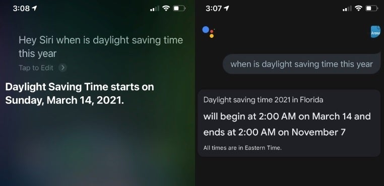 Siri's response about when Daylight Saving Time starts this year on the left and Google Assistant's response on the right - Better double check your Apple iPhone's clock immediately upon waking tomorrow morning