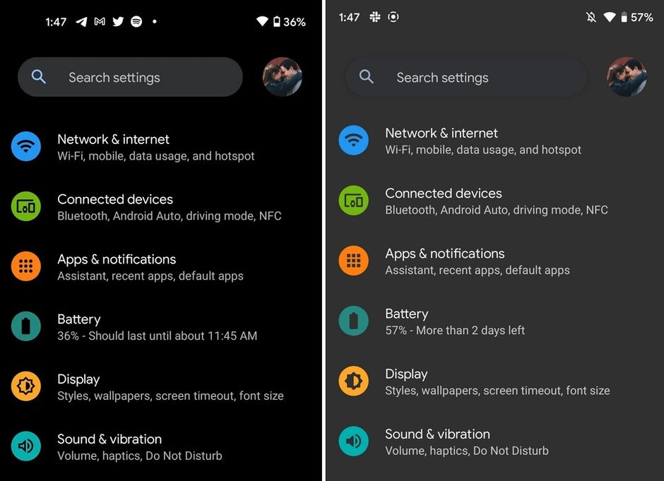 At left, Android 11 Dark Theme using True Black; at right Android 12 Dark Theme using a lighter Gray - Android 12 DP2 shows lighter Dark theme and an in-display fingerprint scanner for Pixel 6