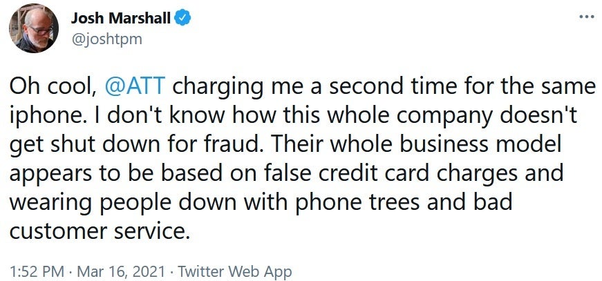 A quick rundown of the incident tweeted by Josh Marshall - AT&T customer complains to the NY AG and the FCC about the carrier
