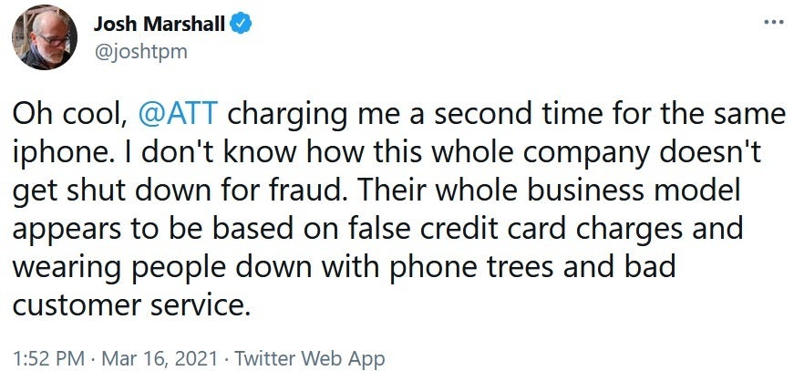 A quick rundown of the incident tweeted by Josh Marshall - AT&amp;T customer complains to the NY AG and the FCC about the carrier