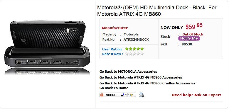 Dock for the Motorola ATRIX 4G is found online selling for $59.95