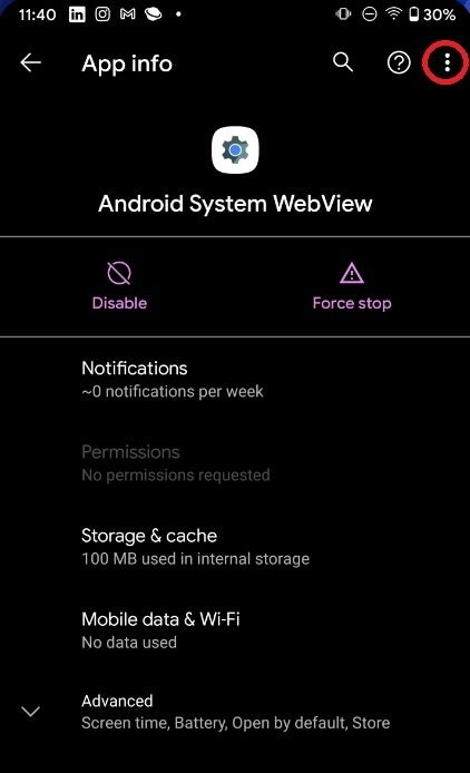 Tap on the three dot menu and you'll see a rectangle that you'll need to tap to remove all updates from WebView - Android apps keep crashing? This solution has helped many fix the problem