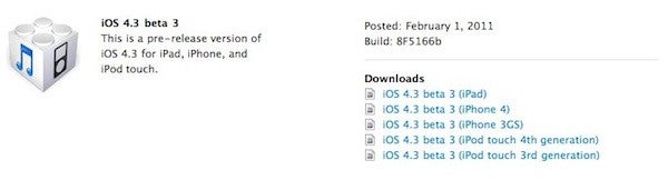 Apple pushes out third beta of iOS 4.3 to developers