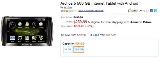Amazon slashes the price of the Android powered Archos 5 tablet to $240