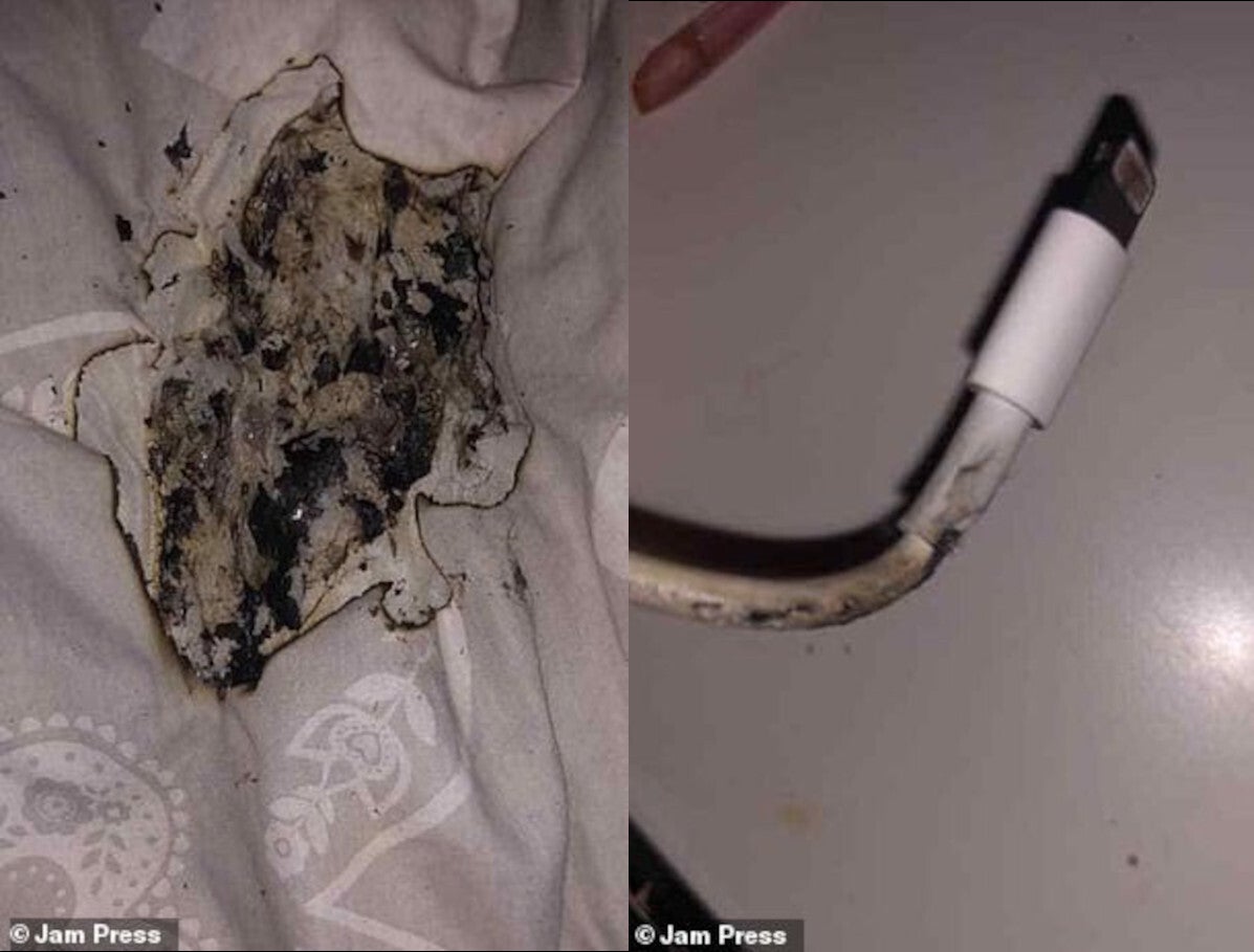 Amie's charger and mattress after the damage was done - iPhone charger catches fire, leaving girl's face burned