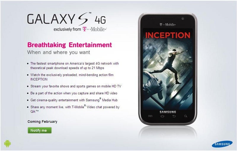 T-Mobile Galaxy S 4G is the first HSPA+ phone capable of 21Mbps downloads, coming February