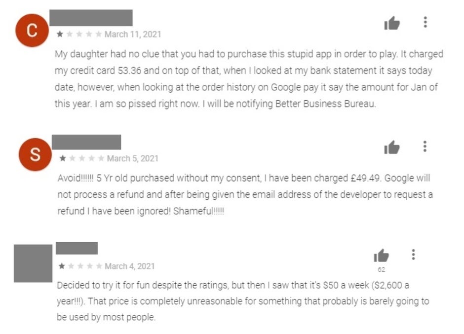 Examples of comments that should have stopped consumers from downloading Fleeceware - PSA: Better stay away from apps like these that blindly rip you off