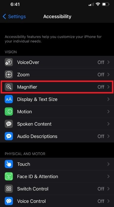 The Magnifier app is found in Accessibility - Learn how to make a hidden and useful iOS app appear like magic