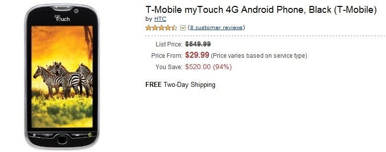 T-Mobile myTouch 4G priced by Amazon at $29.99